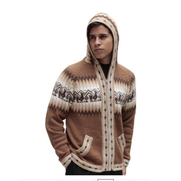 Mens Little Llamas Hooded Alpaca Wool Knitted Jacket Hoodie Sweater medium - Picture 6 of 7